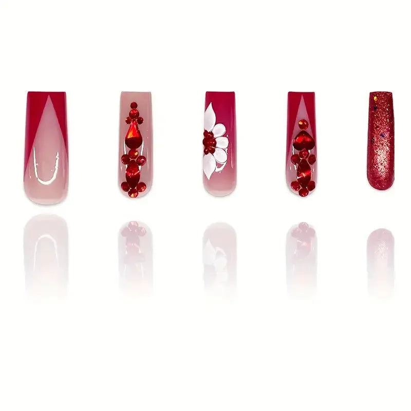 Sweet flowers prismatic red diamond fake nails with European Square long shape