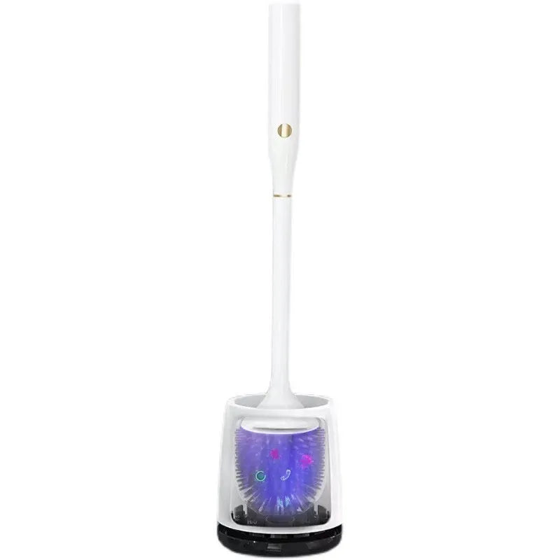 White wireless electric toilet brush with rotating head, ABS body, USB charging base, and PP brush on a bathroom floor