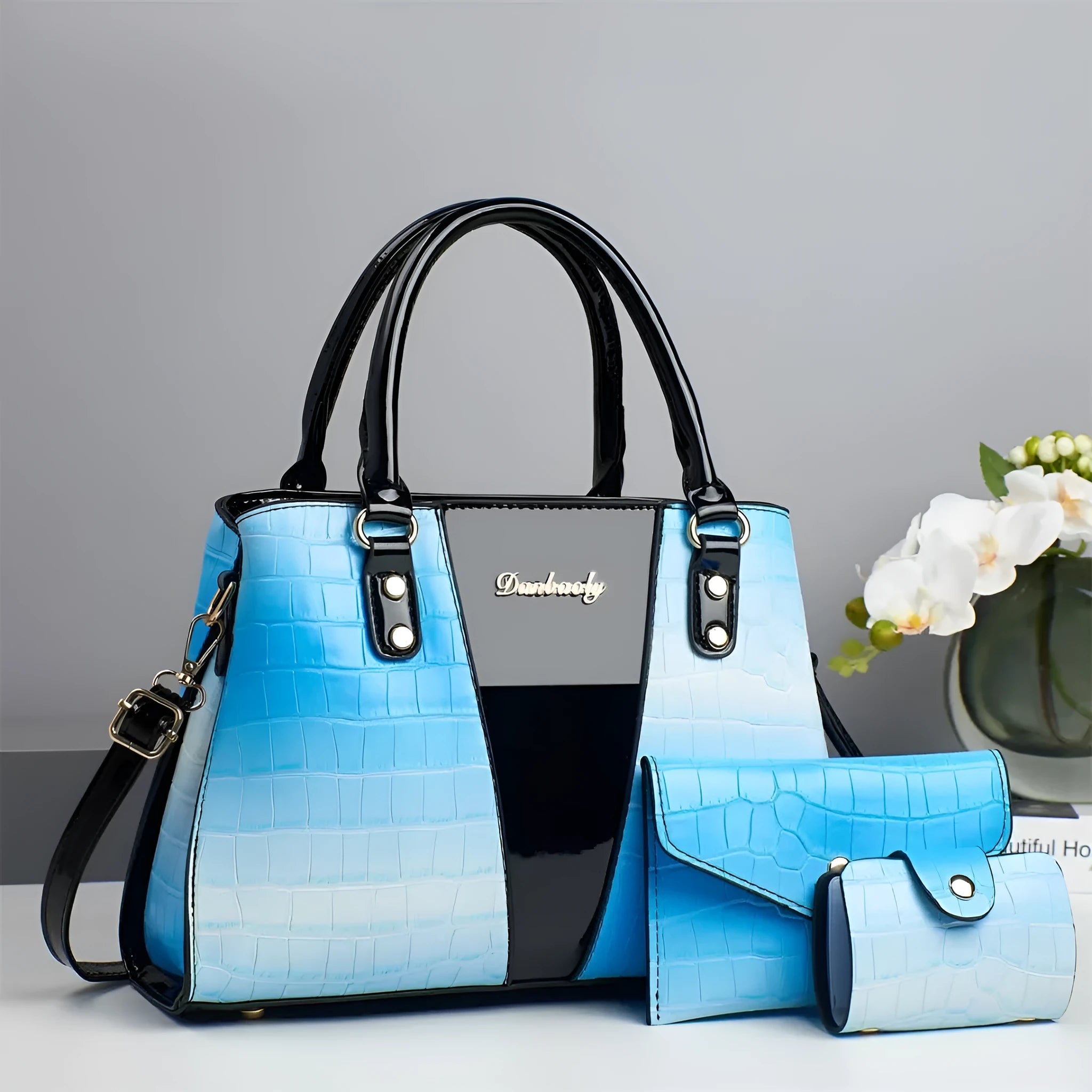 Women's crocodile stitch three-piece shoulder bag set in PU with small bag and card bag