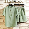 Chinese style two-piece suit with stand collar short sleeve top and shorts in multiple colours