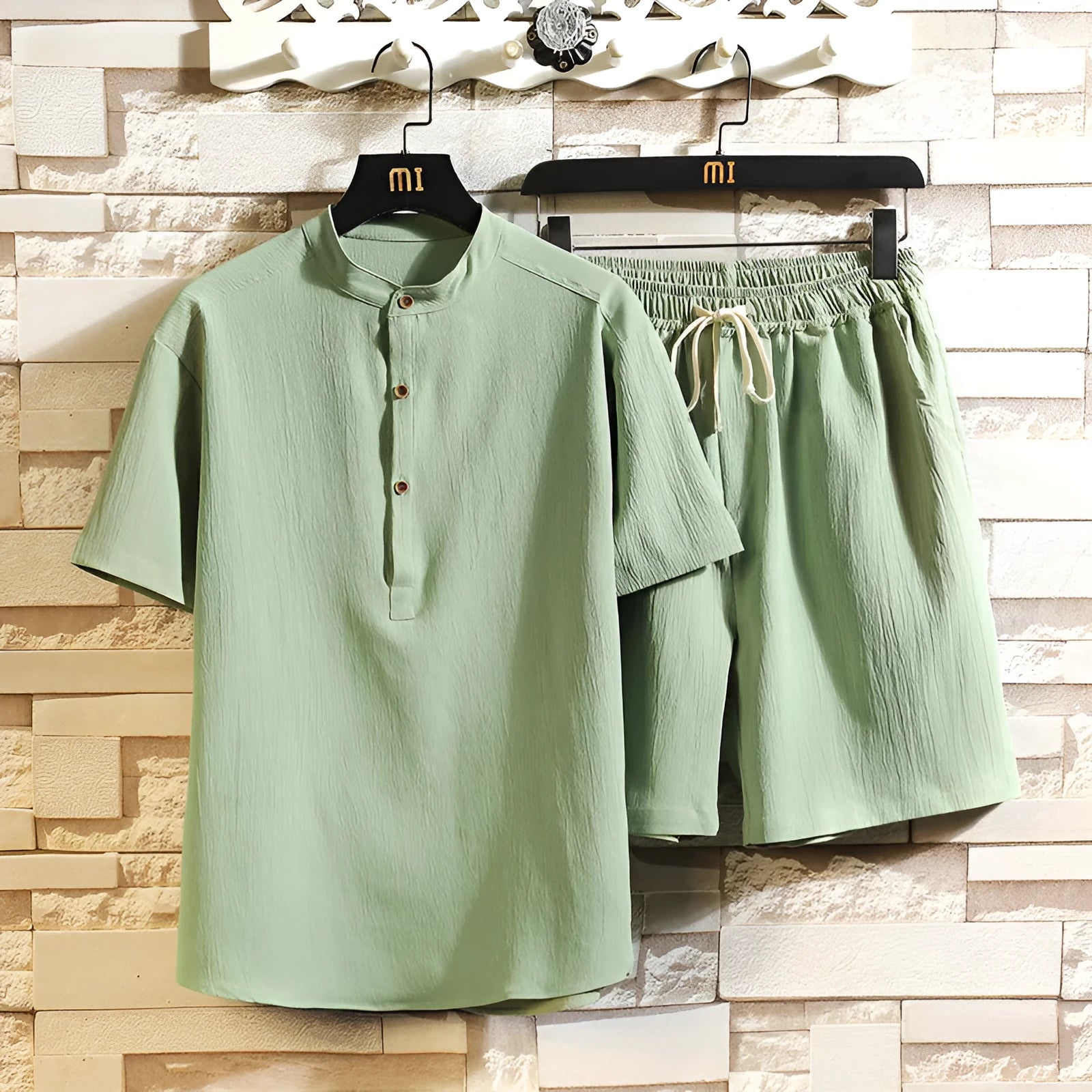 Chinese style two-piece suit with stand collar short sleeve top and shorts in multiple colours