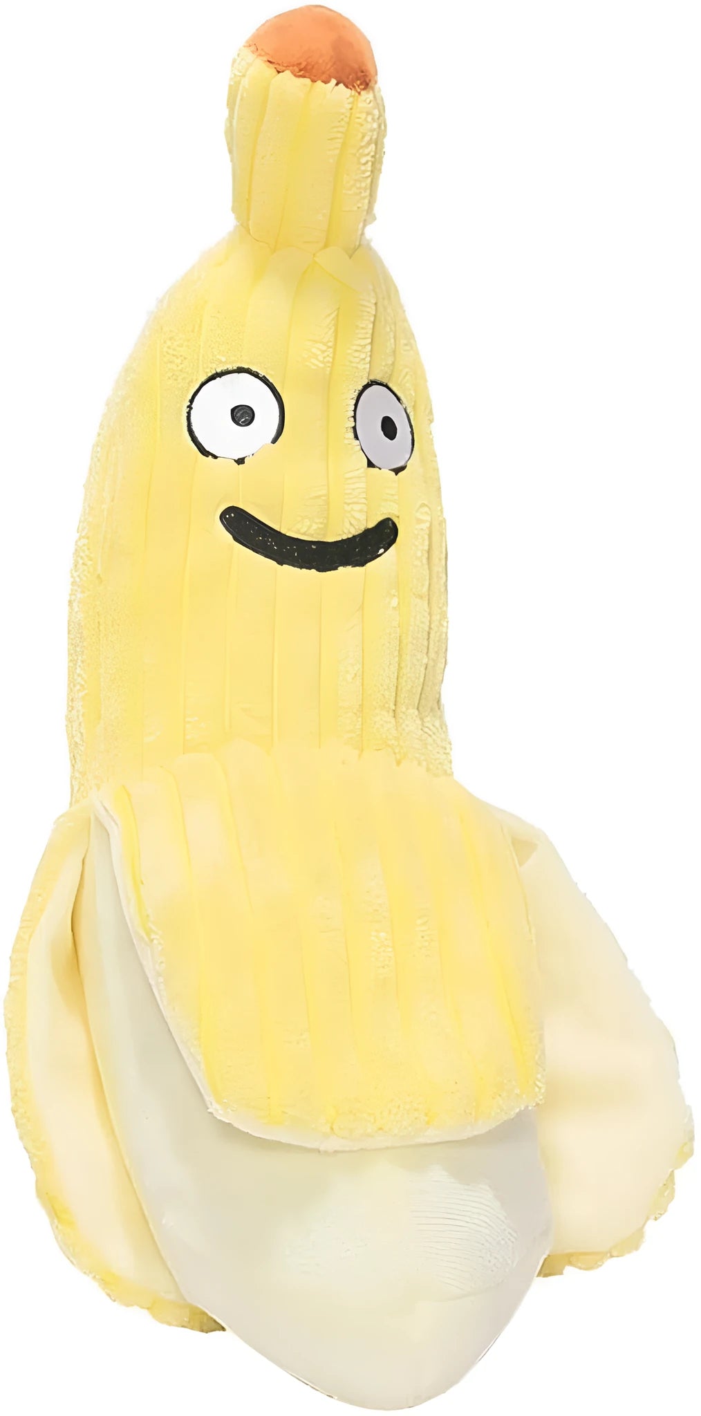 Yellow banana-shaped plush cat toy with a textured velvet strip, shown next to a cat for scale.