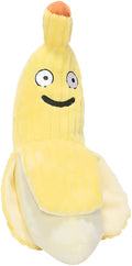 Yellow banana-shaped plush cat toy with a textured velvet strip, shown next to a cat for scale.