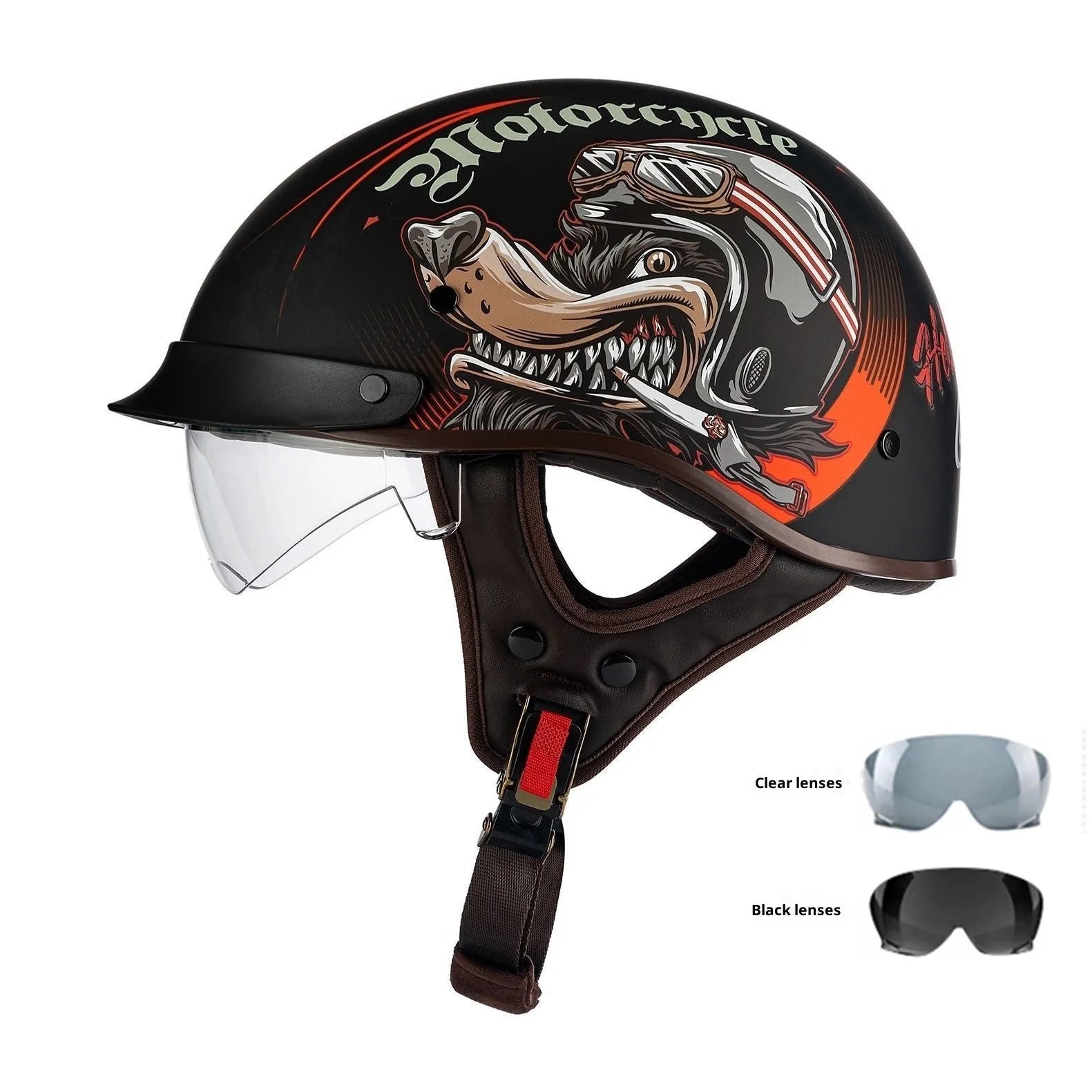 Retro electric motorcycle helmet in bright black with whiskers design on side and front vents