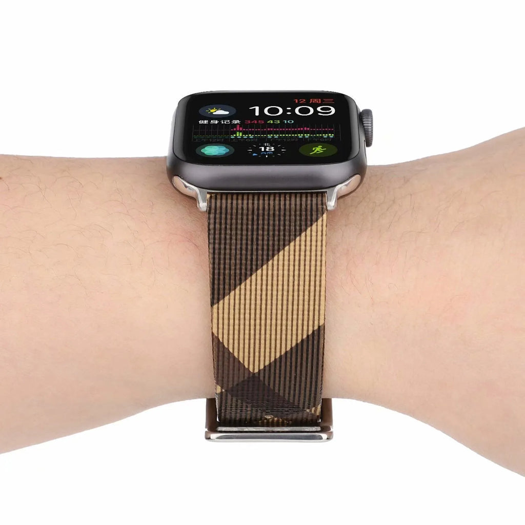 Grey plaid leather-style PU watch strap for 38/40mm or 42/44mm watch cases on a white background