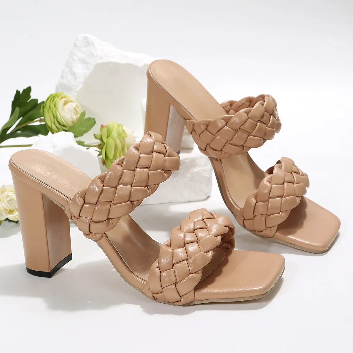 Square toe chunky heel flip-flops with woven twisted upper in white colour