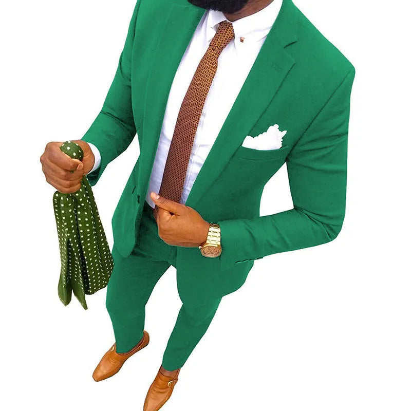 Men's multi-colour two-piece cotton suit for formal events, shown in a range of available colours.
