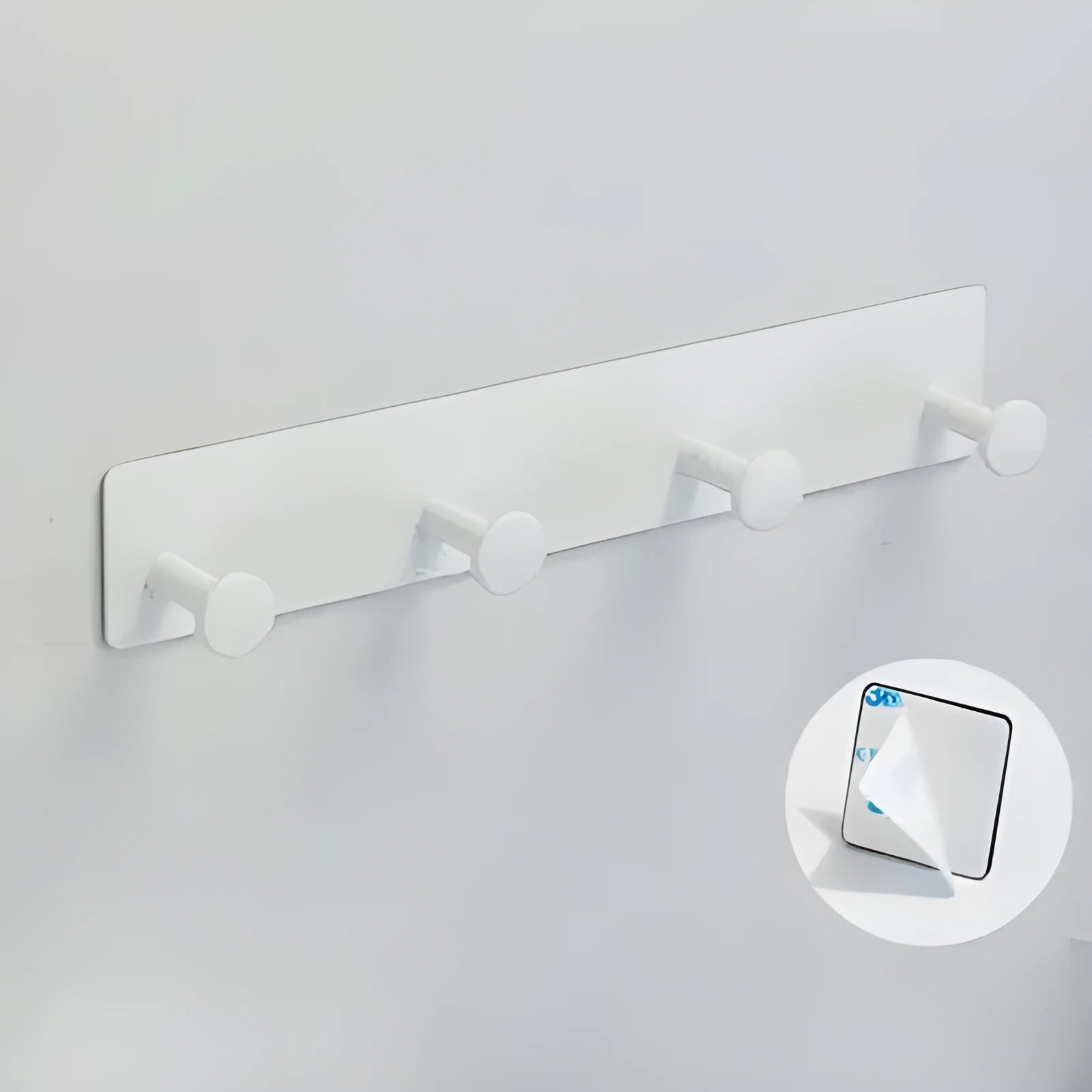 Screwless wall mounted clothes hook rack with mushroom head hooks in 3-hook configuration
