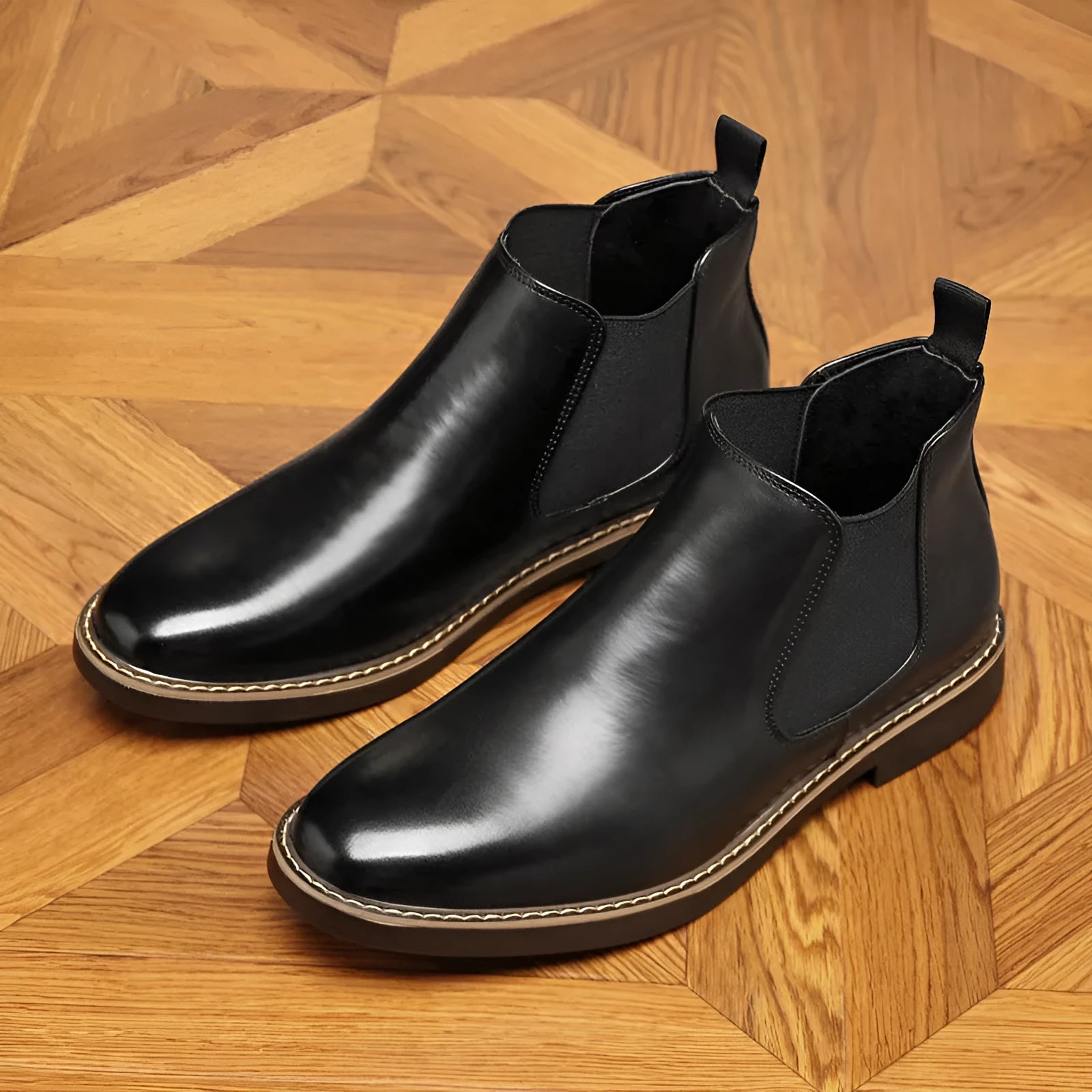 Men's black formal leather pointed-toe boots with square heel on neutral background