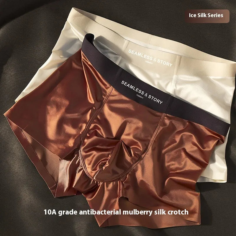 Men's ice silk underwear set in blue colour showing mid waist design and smooth satin fabric