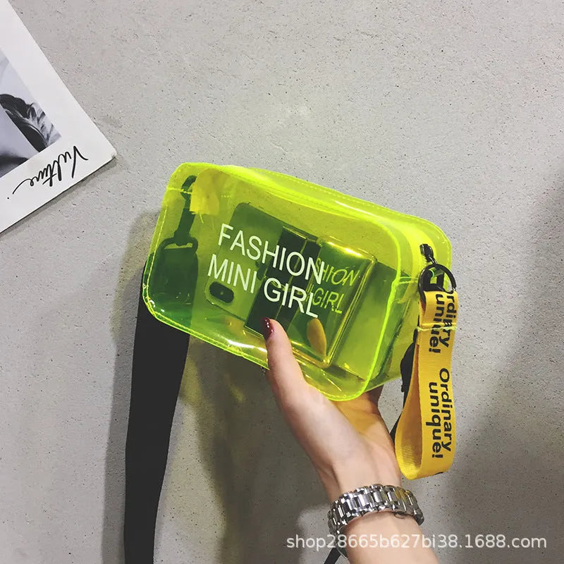 Transparent square jelly crossbody bag with adjustable strap in various colour options