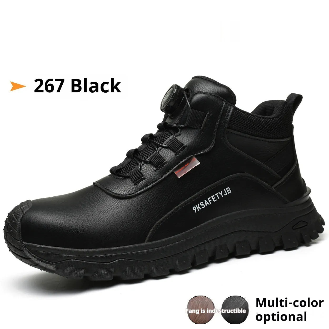Flyknit leather work safety shoes with rubber sole in black colour, size 42 displayed