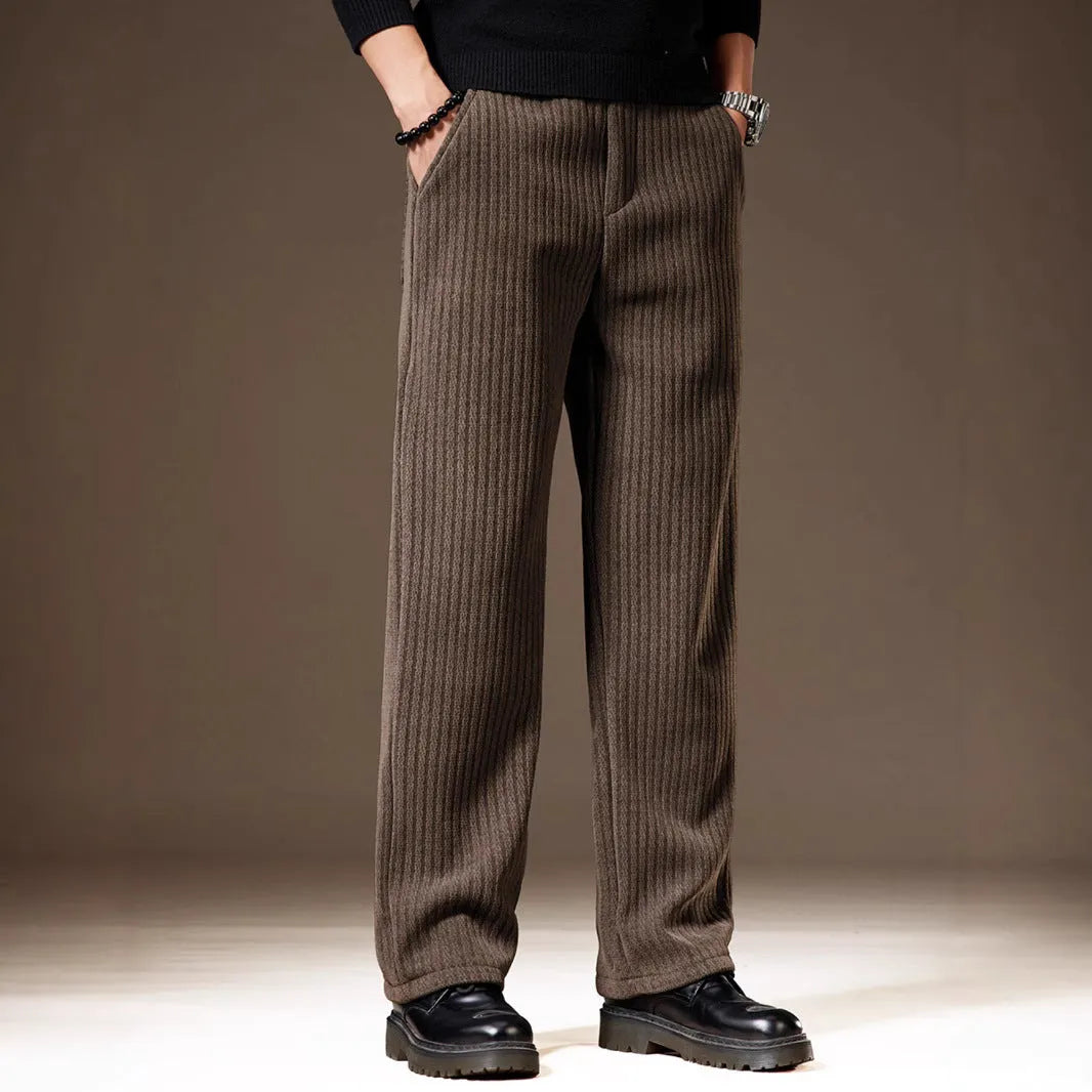 Thick stripe velvet heavy corduroy straight casual pants for men, khaki colour, polyester fibre fabric