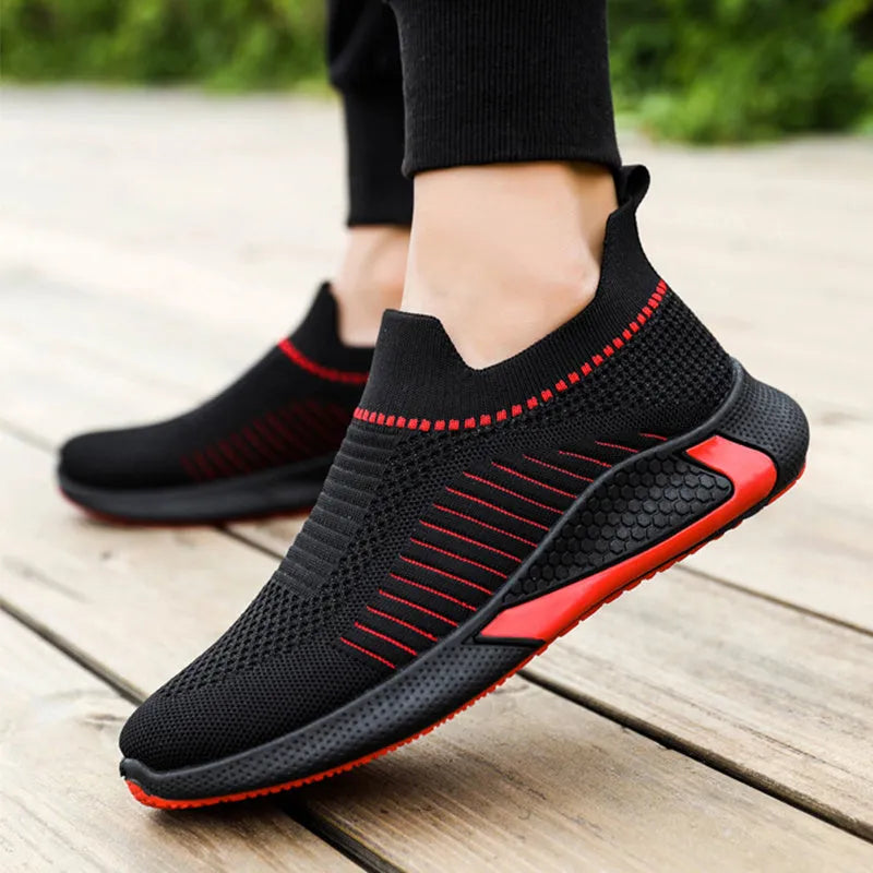 Men's mesh sock shoes with striped design and flyknit upper in black, white colour options
