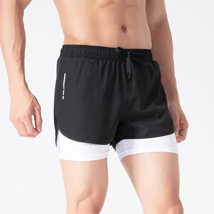 Men's double layer quick dry sports shorts with spandex liner, polyester outer, elastic waistband, available in gray, black, blue, black and white sizes M to 6XL