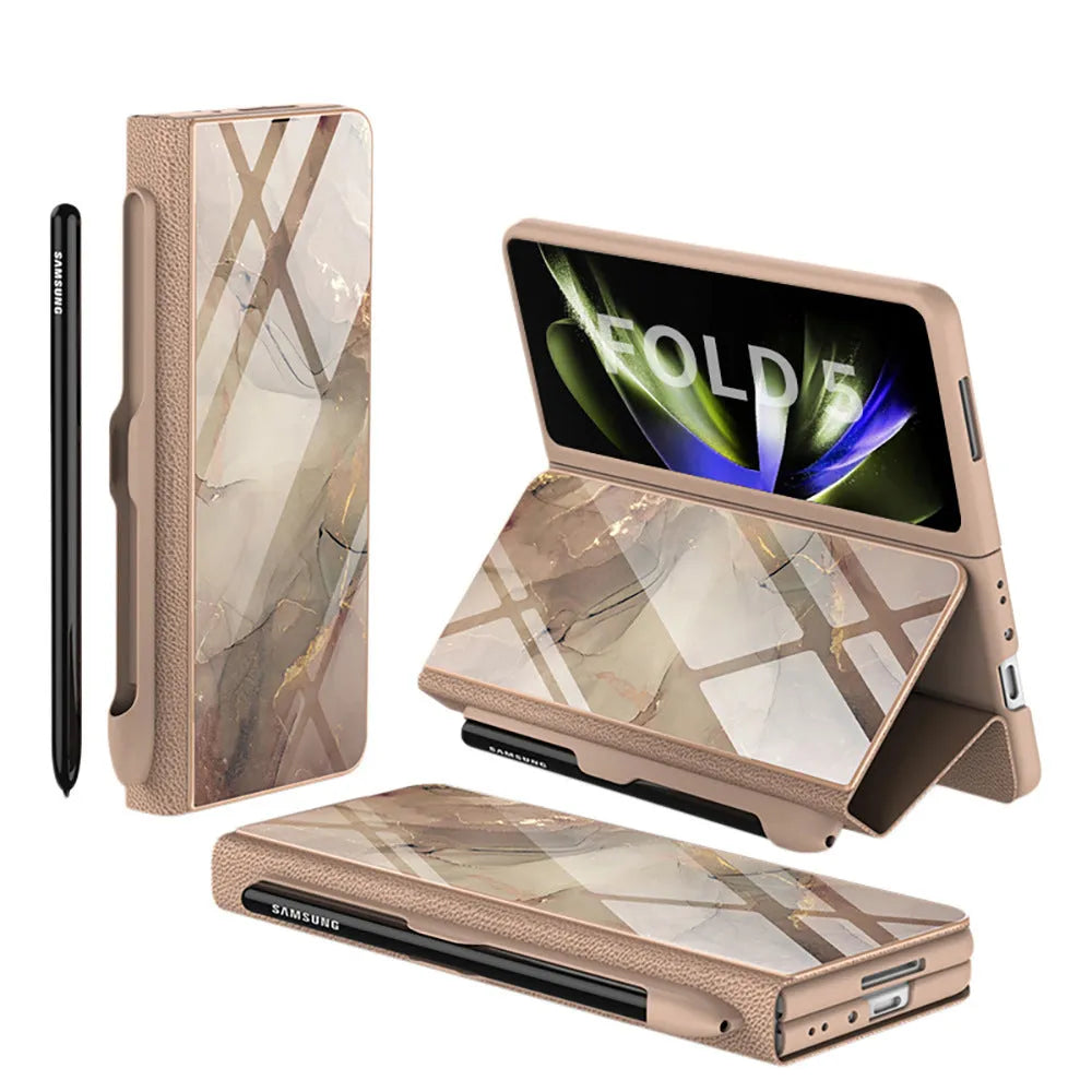 Imitation leather flip glass phone case for Samsung Galaxy Z Fold5 in Cold Mountain Gray colour