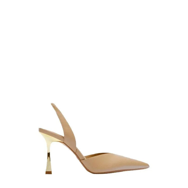 Women's patent leather pointed high heels with shallow mouth design in apricot colour