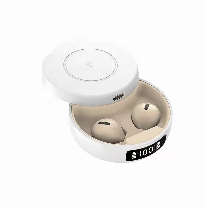 Mini semi-in-ear wireless headphones with wireless charging case in black, colour or white