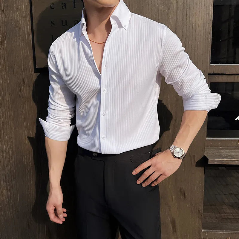 Men's striped V-neck long sleeve casual shirt in cardigan style
