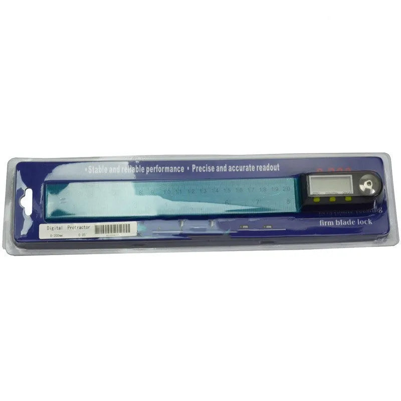 Stainless steel digital angle ruler with display on a wooden workbench showing a 45-degree angle