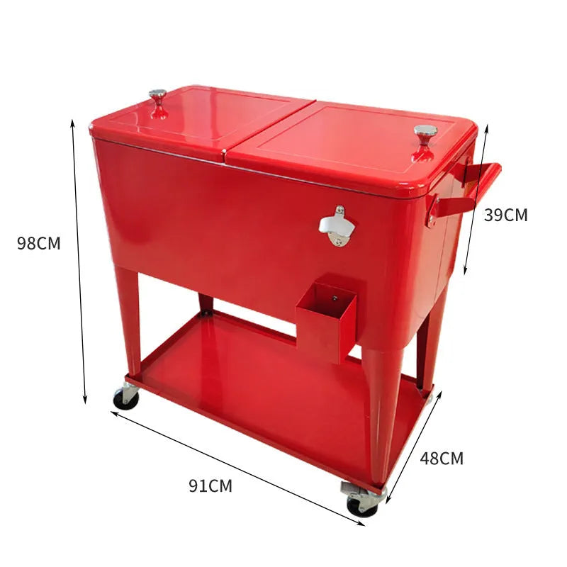 Red outdoor metal insulated trolley with 750ml capacity for picnics.