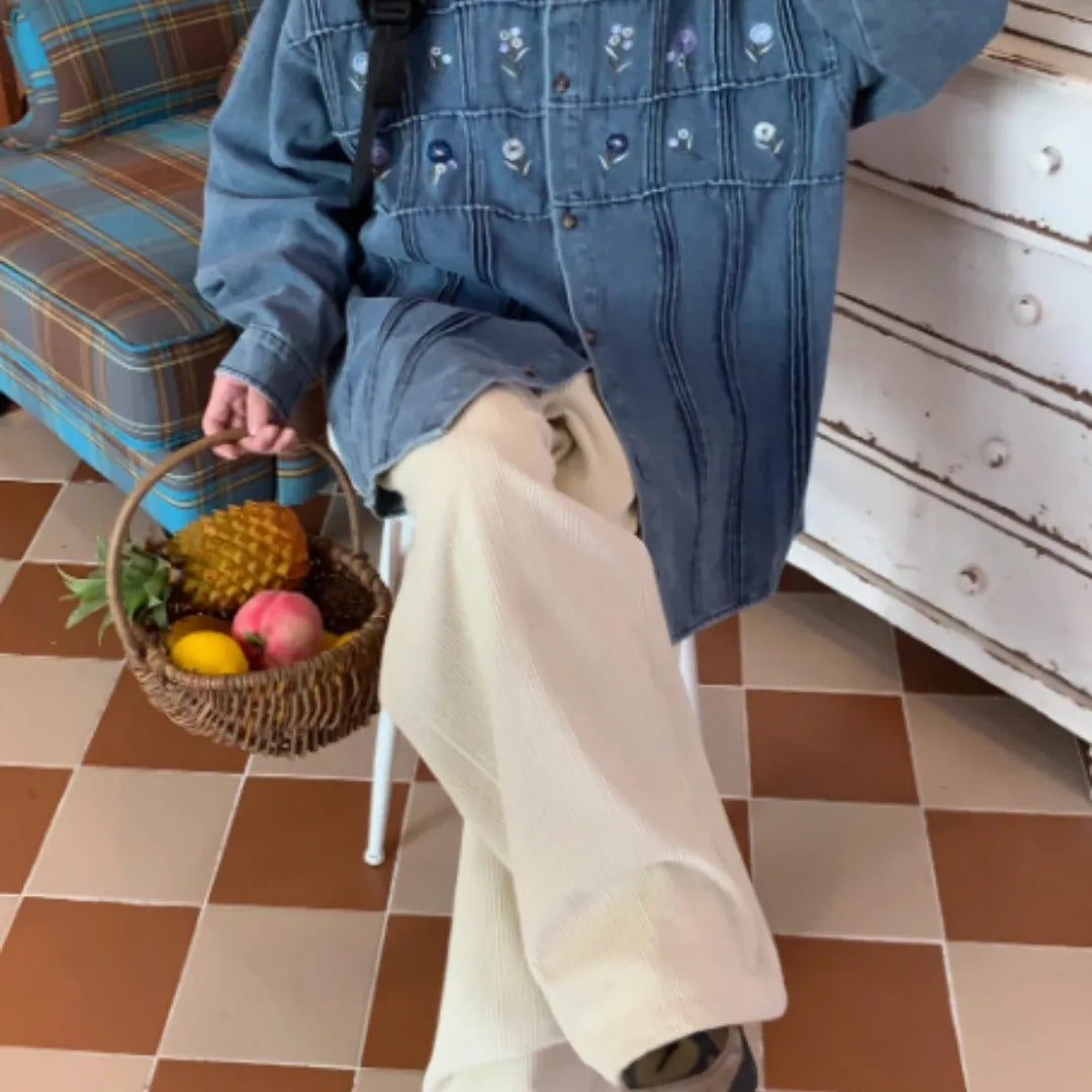 Vintage washed blue denim long-sleeved shirt with small floral pleated detail