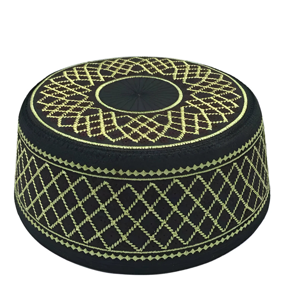Polyester flat top hat in Red hole yellow line colour, 8 cm height, for Muslim men
