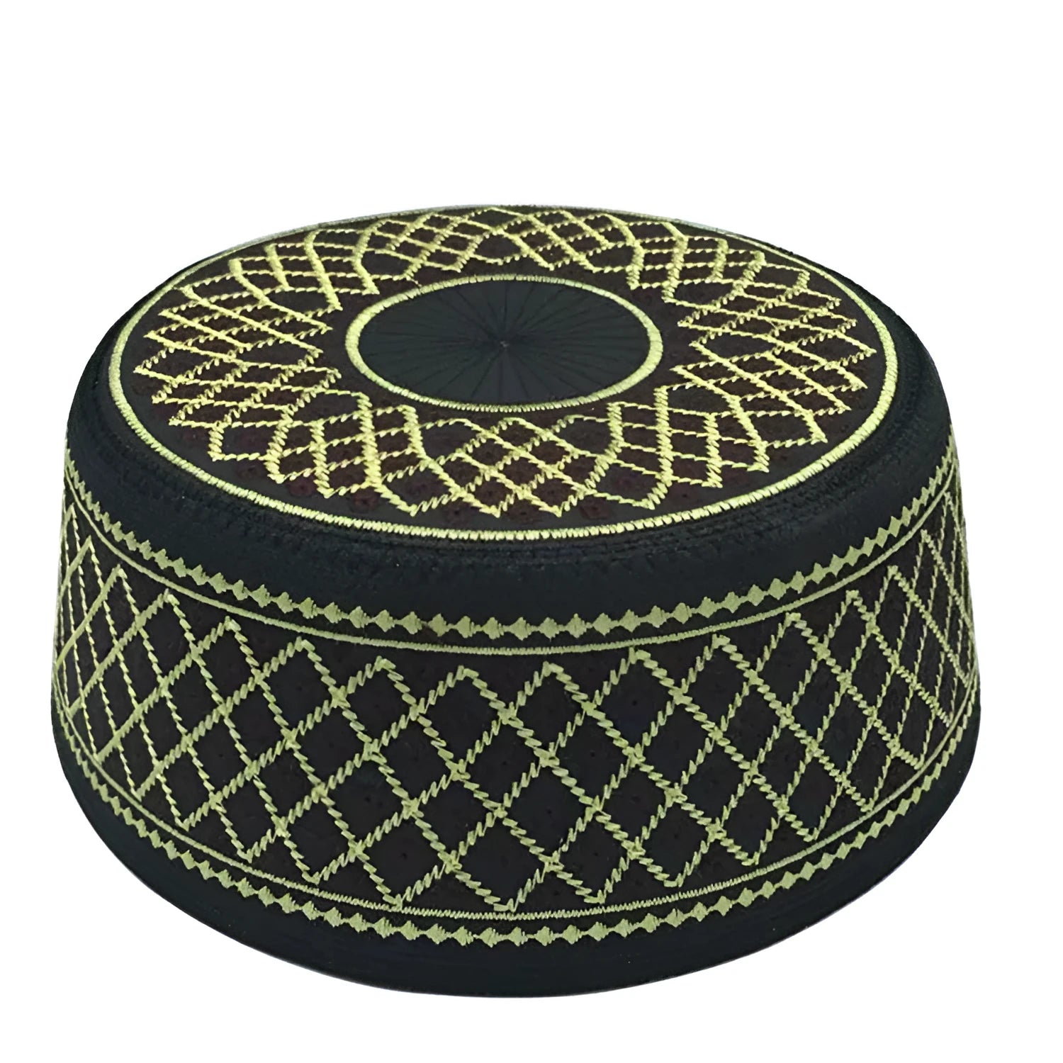 Polyester flat top hat in Red hole yellow line colour, 8 cm height, for Muslim men