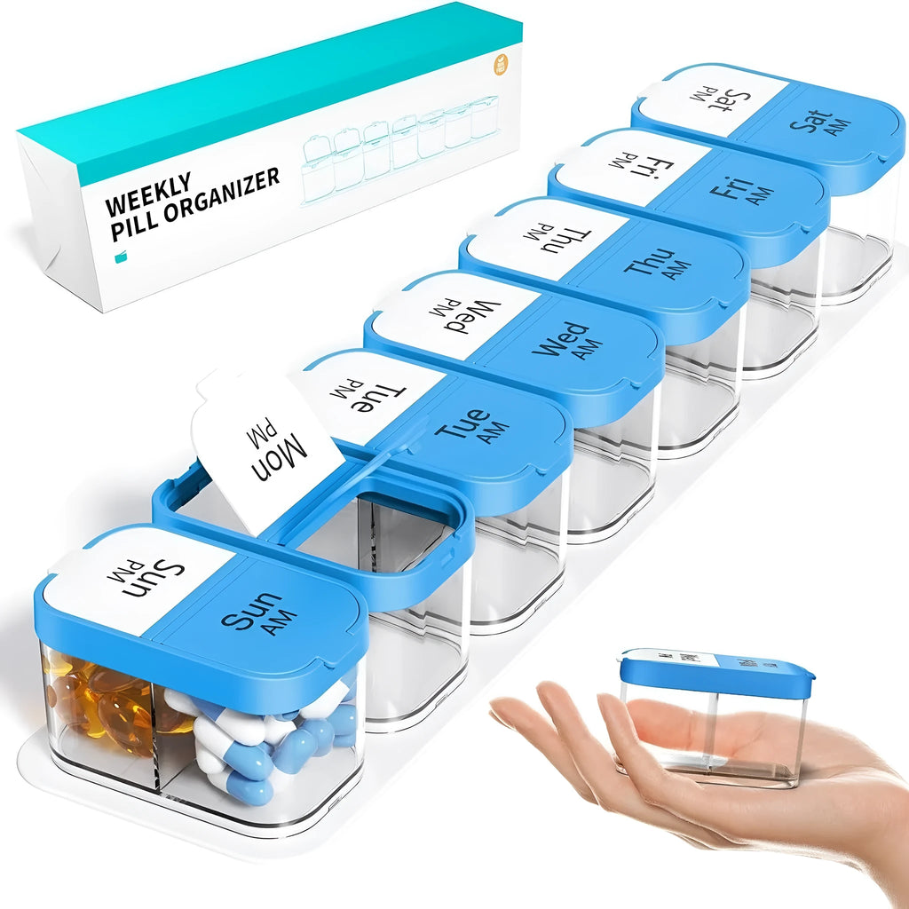 Extra large white plastic pill box with 14 removable compartments for medication organisation