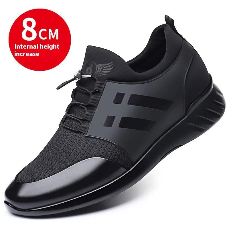 Men's black height increasing casual shoes with hidden 8cm heel in leather or mesh options