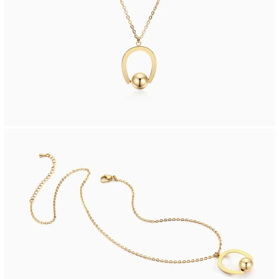 Stainless steel geometric pendant necklace with adjustable bead chain in gold or silver finish