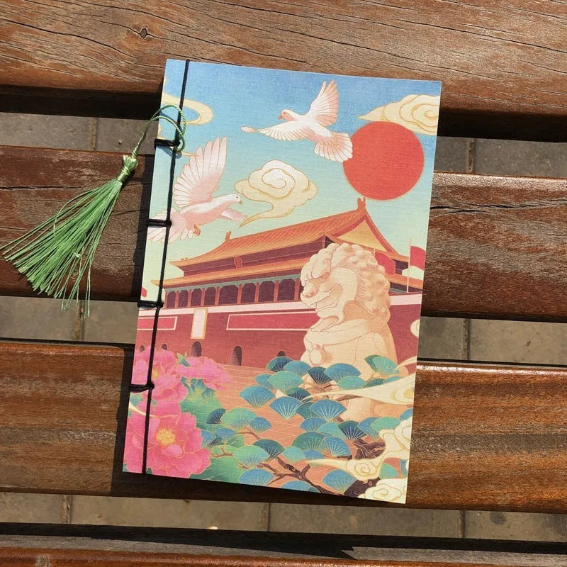 A5 antique wire-bound notebook with retro painting cover, wax rope binding, and tassels