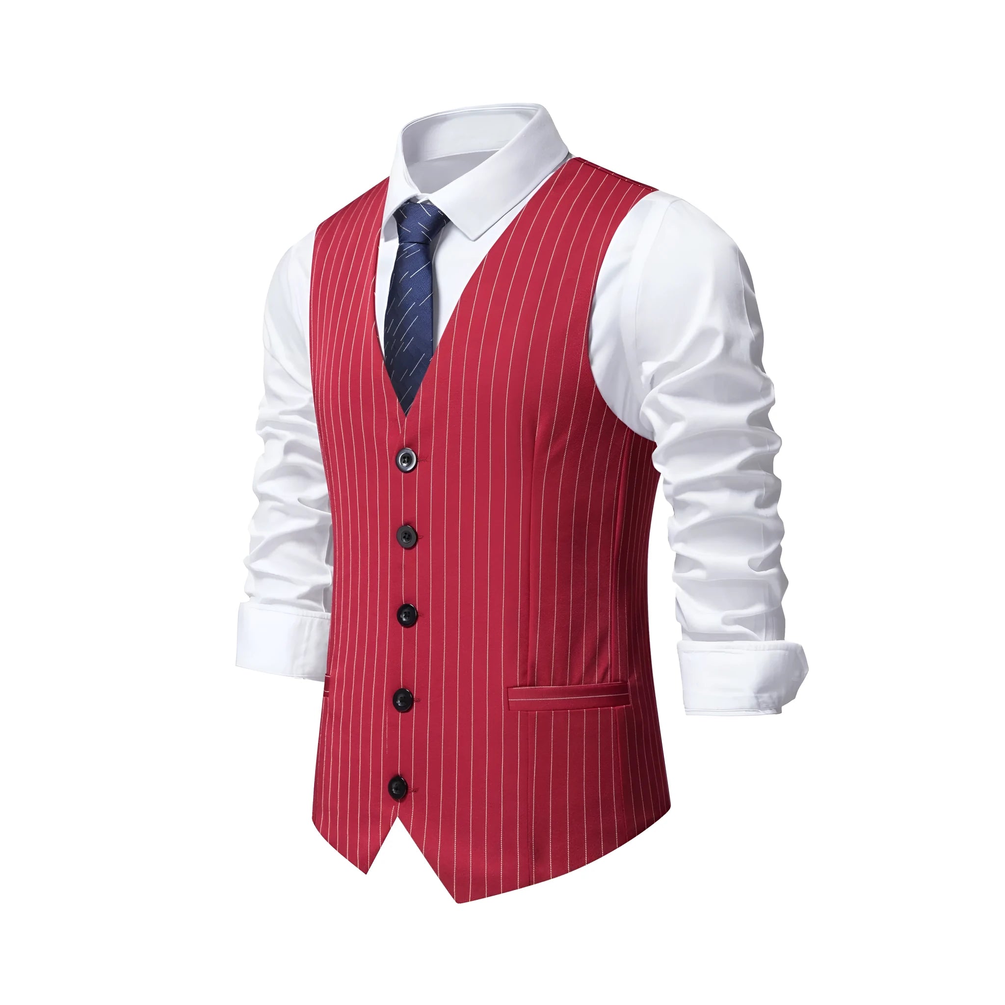 Men's striped formal suit vest with V-neck and pocket detail