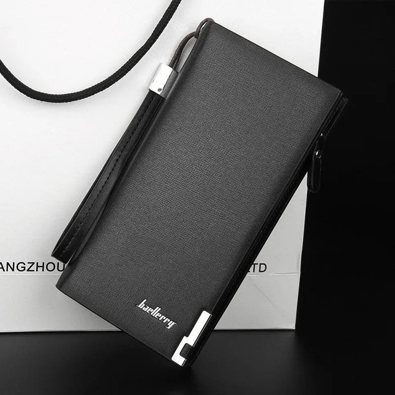 Men's black PU leather wallet with a long silver zipper closed around its edge.