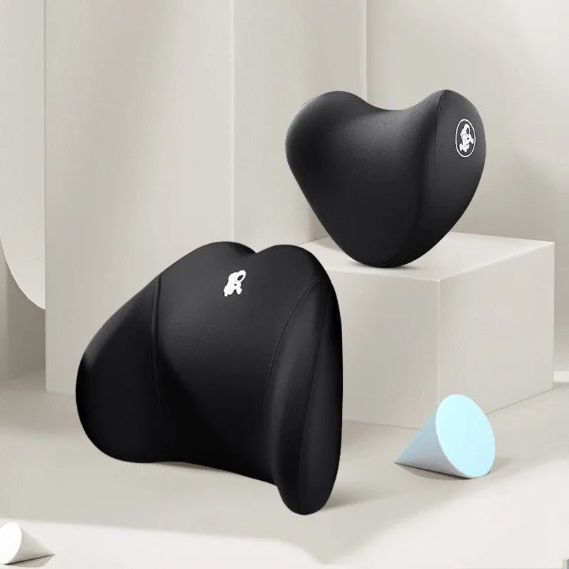 Car pillow set with heart-shaped headrest and lumbar support pillow, cotton cover, four seasons memory foam, black colour