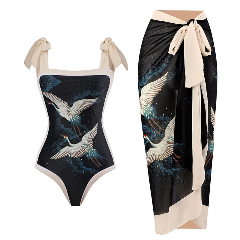 Women's retro floral one-piece swimsuit with chiffon skirt in multiple colour patterns