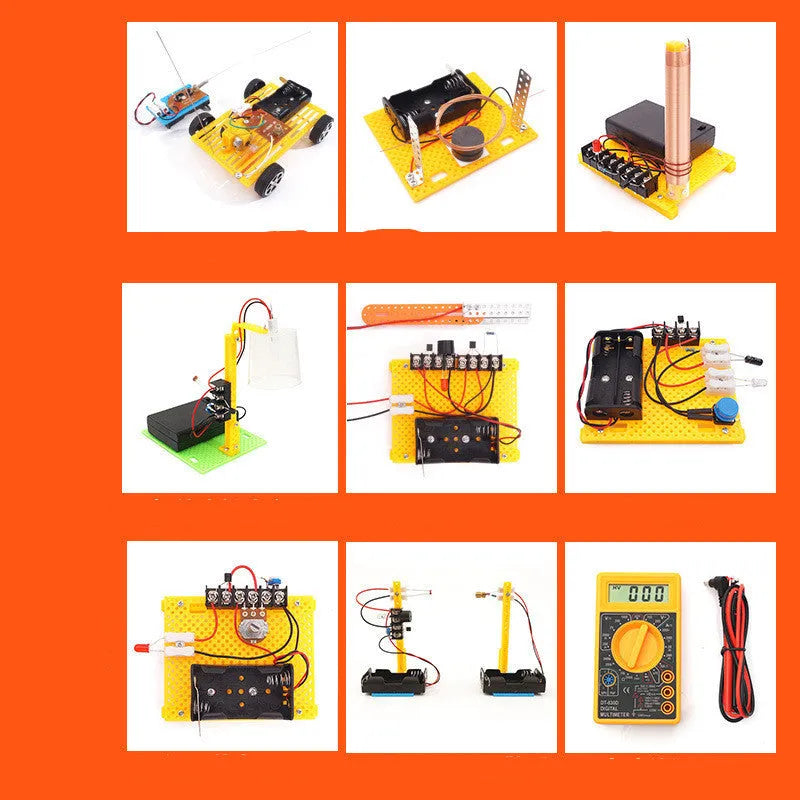 Handmade DIY electronic science experiment set with plastic solar fan and motor parts for students aged 7-14