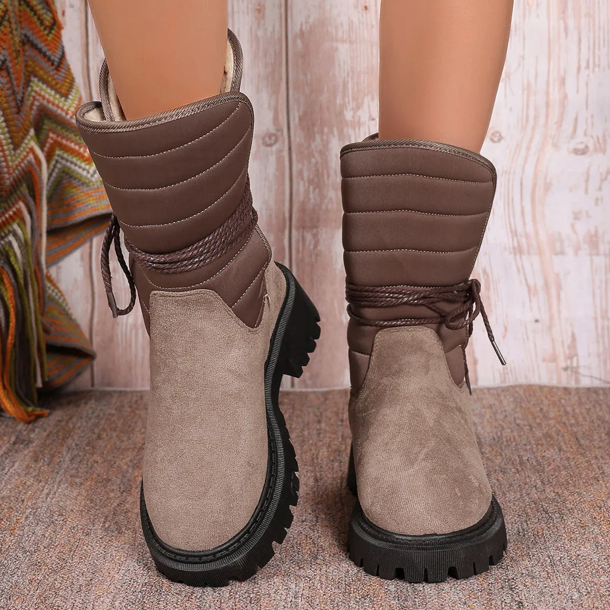Women's black suede chunky heel snow boots with lace-up high-top and fleece lining.