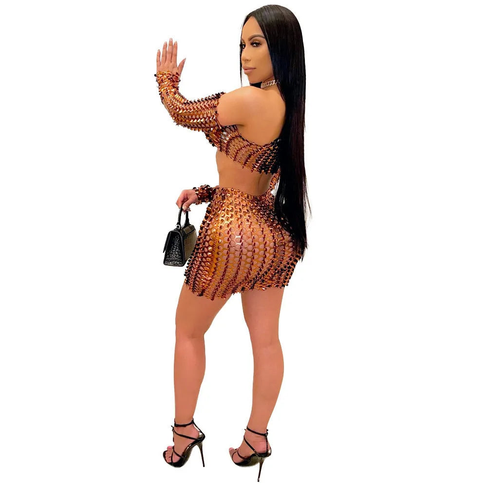 Women's black net hole hollow-out two-piece dress set with sleeveless top and short skirt
