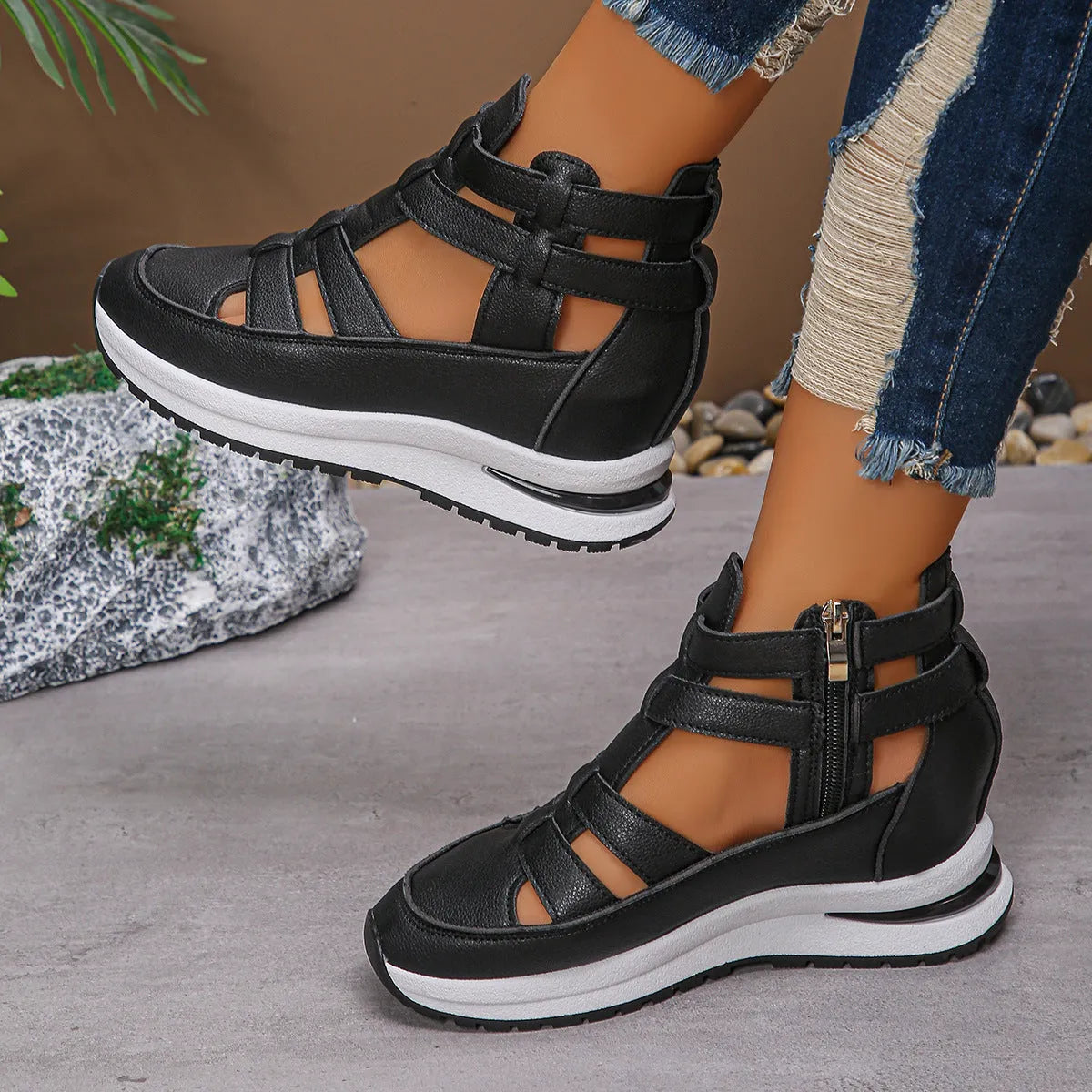 Women's black close-toed platform sandals with hollow-out design and Velcro strap