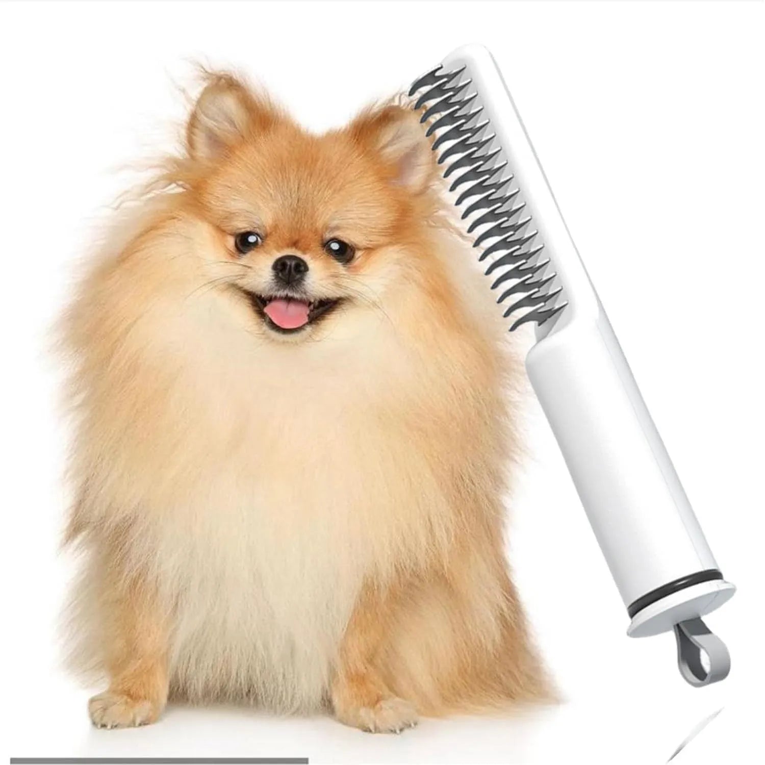 Pink and white pet dematting combs with stainless steel teeth on a wooden surface