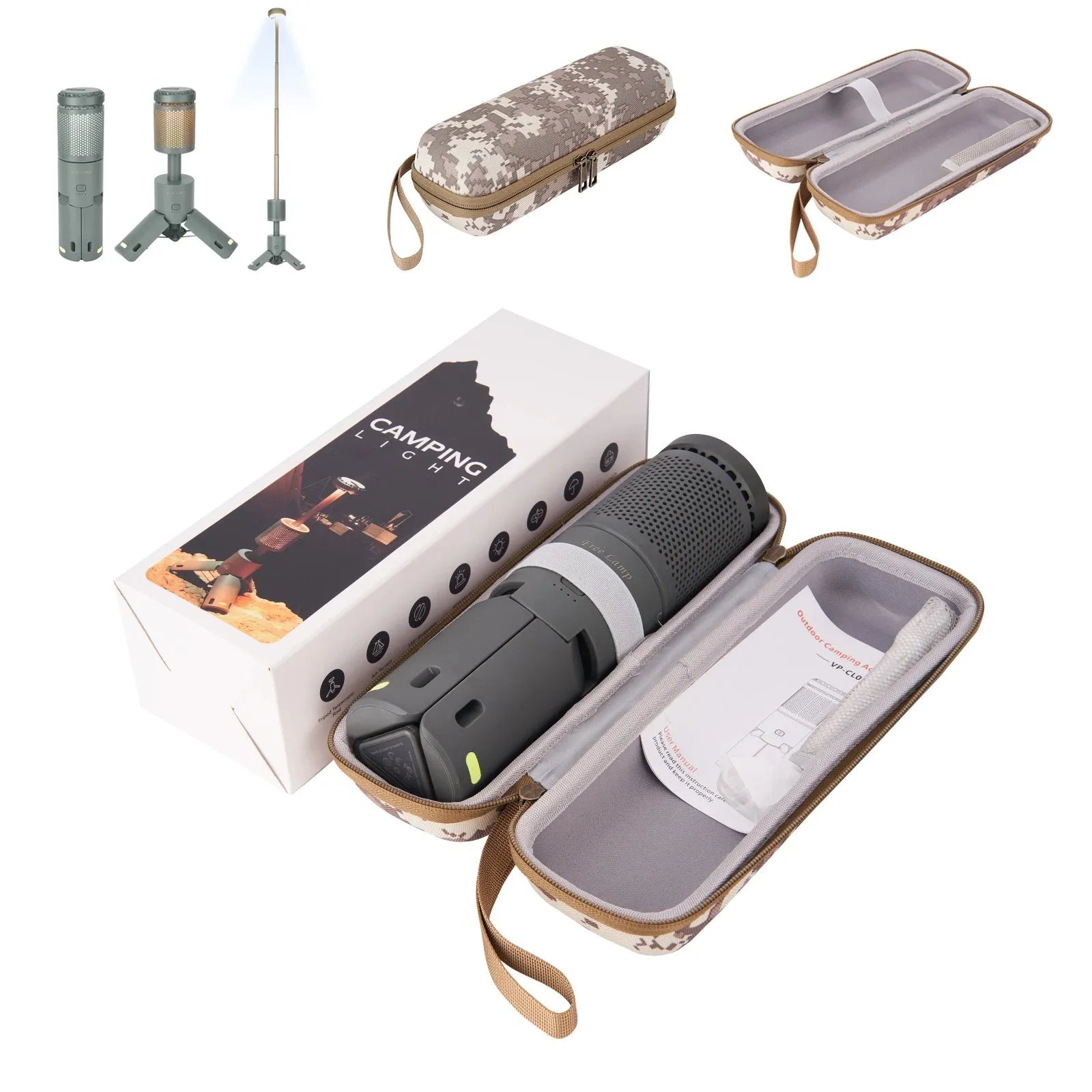 Creamy white and dark grey portable battery-powered LED camping lantern with button switch