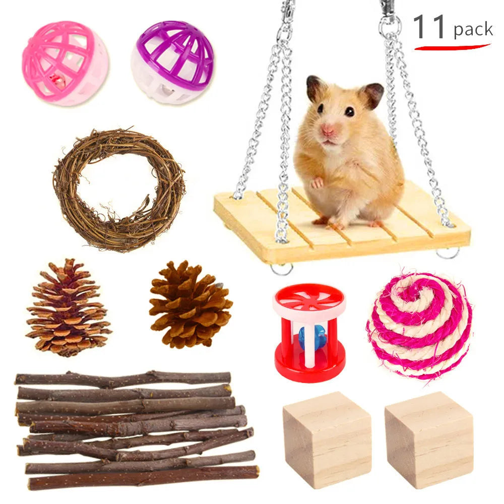 Assortment of natural wooden and woven chew toys for small pets like rabbits and parrots.