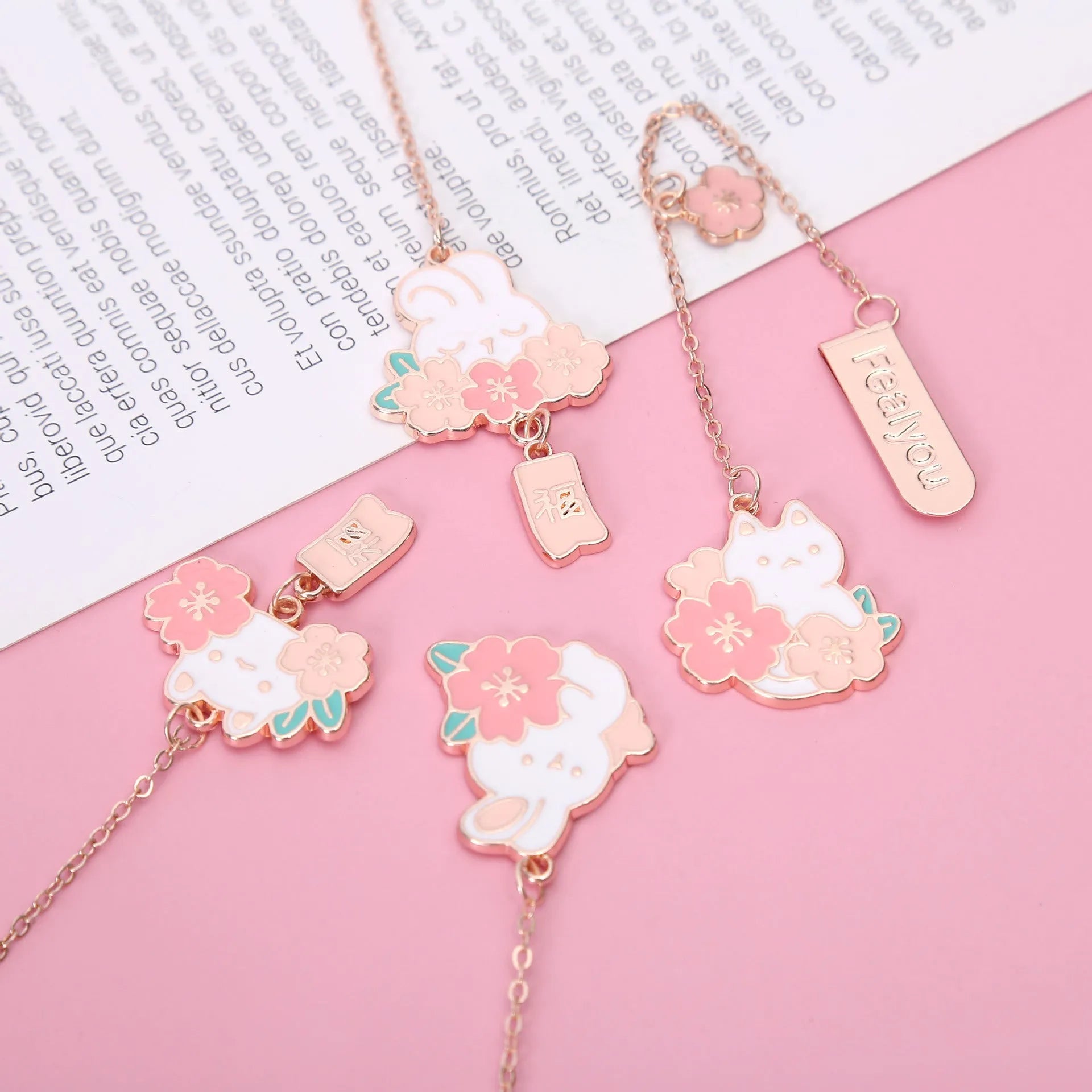 Metal cartoon pendant bookmark with book holder in sakura cat design
