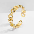Minimalist Love Letter D geometric jewellery set including gold-plated earrings, ring, and bracelet on a light background