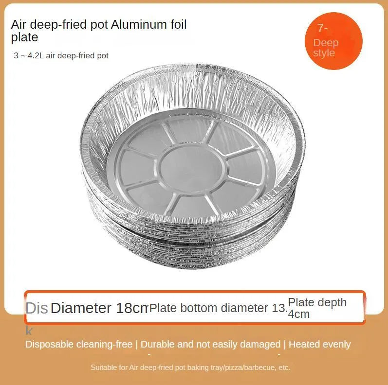 Round disposable aluminium foil liner for air fryer with 4cm high edges, 8 inch size, on a white background