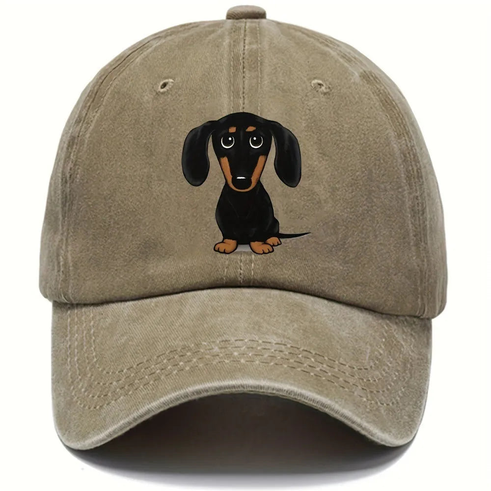Retro washed cotton baseball cap with embroidered Dachshund design in dome crown style