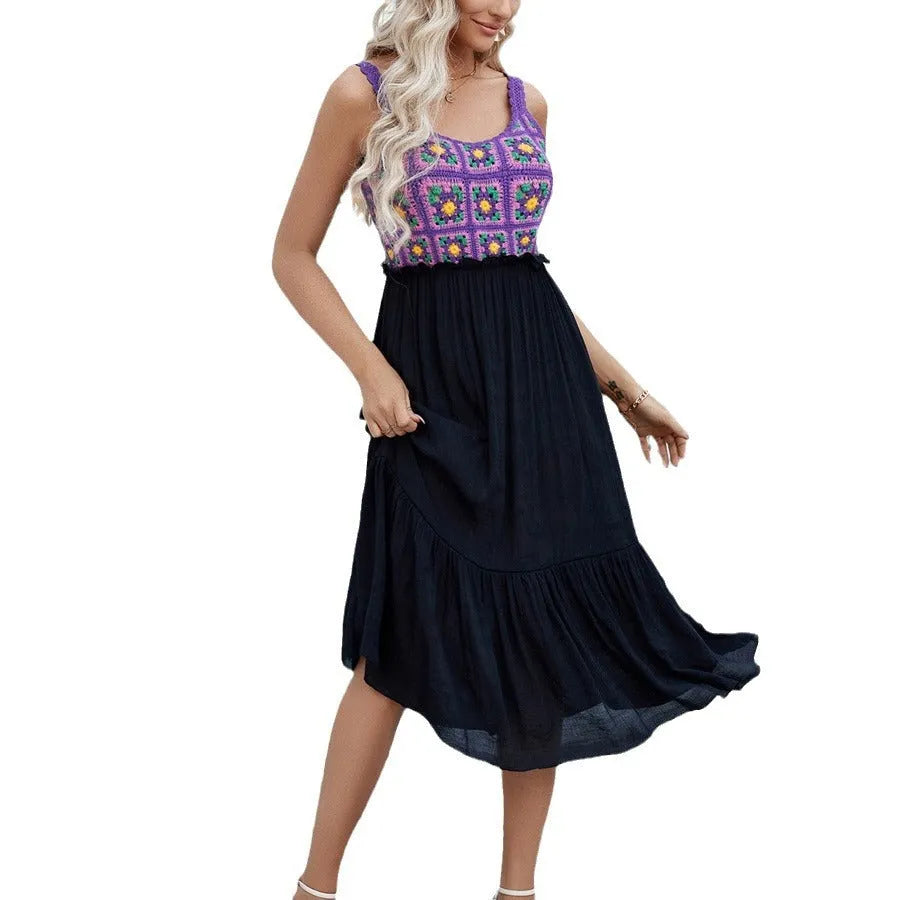 Purple sleeveless dress with hand-hook flower stitching embroidery on cotton blend fabric
