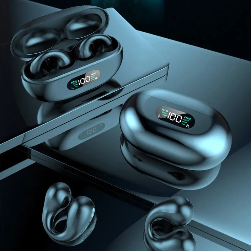 Clip-on bone conduction Bluetooth headset in black, white, or khaki colour with charging cable.