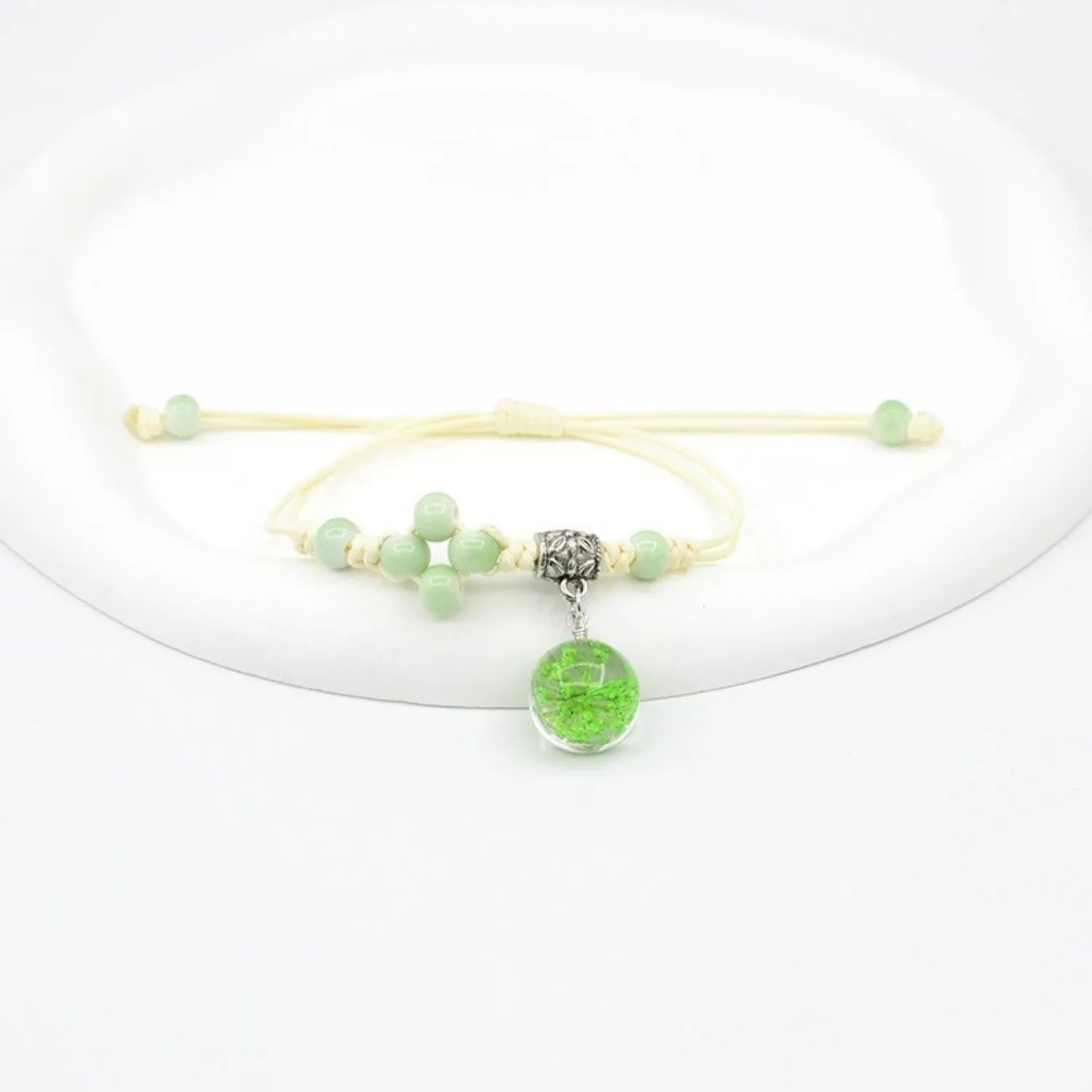 Women's hand-woven glass dried flower bracelet with large 1.4 cm beads in multiple colour options.